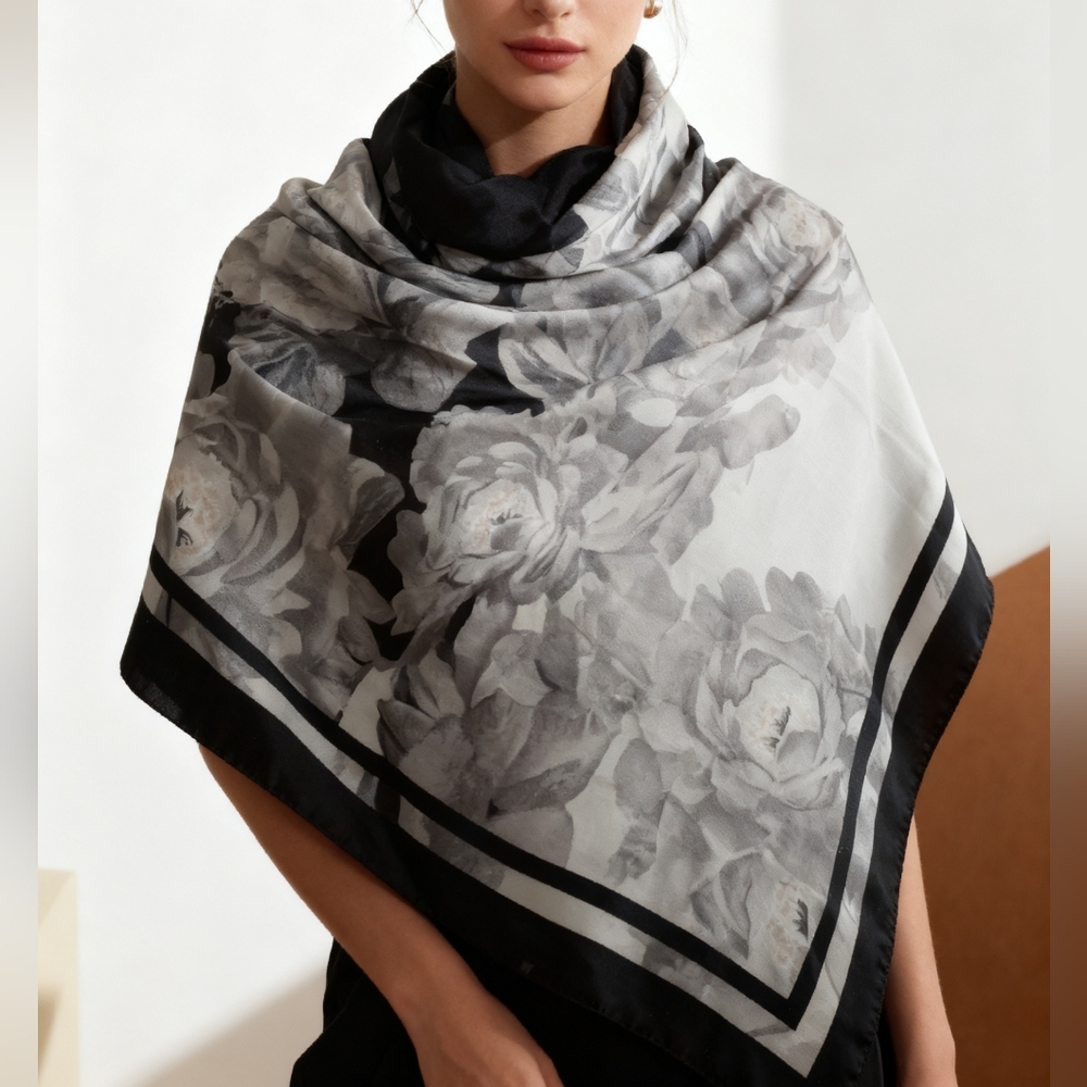Ellen Tracy Black and Gray Floral Silk Scarf